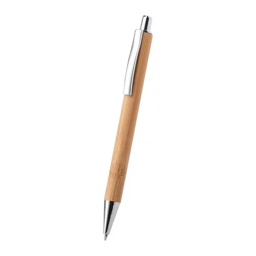 Penna a sfera di bambù con clip e punta in metallo con meccanismo a scatto e refill blu