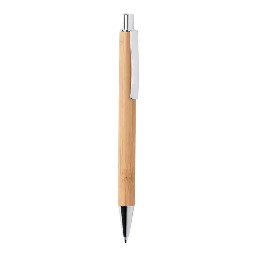 Penna a sfera di bambù con clip e punta in metallo con meccanismo a scatto e refill blu
