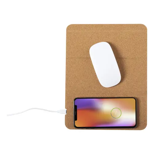 Tappetino mouse con caricatore wireless e portacellulare integrati in sughero naturale 205x265mm