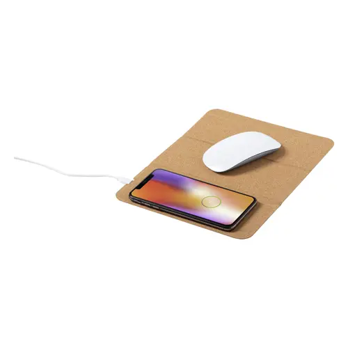 Tappetino mouse con caricatore wireless e portacellulare integrati in sughero naturale 205x265mm