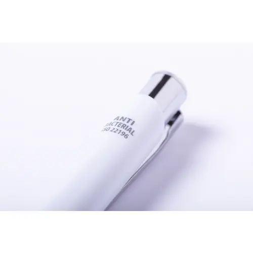 Penna a sfera in plastica antibatterica bianca con punta touch con meccanismo a scatto e refill blu