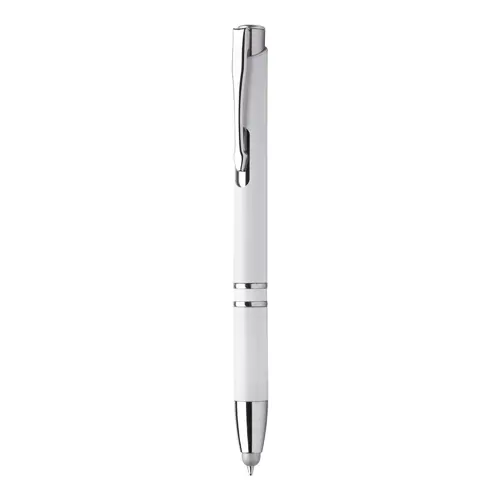 Penna a sfera in plastica antibatterica bianca con punta touch con meccanismo a scatto e refill blu