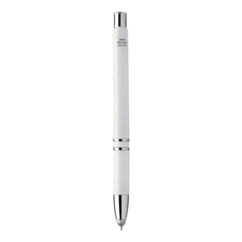 Penna a sfera in plastica antibatterica bianca con punta touch con meccanismo a scatto e refill blu