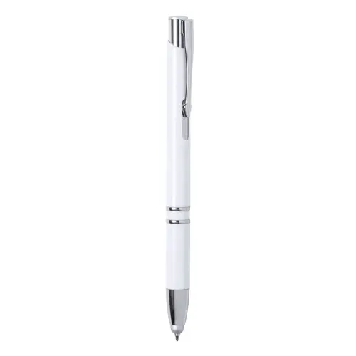 Penna a sfera in plastica antibatterica bianca con punta touch con meccanismo a scatto e refill blu