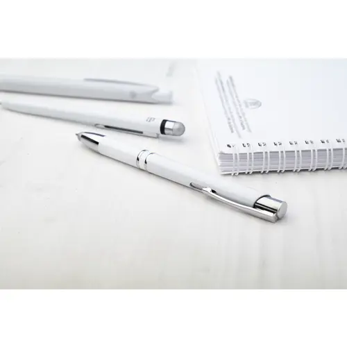 Penna a sfera in plastica antibatterica bianca con punta touch con meccanismo a scatto e refill blu