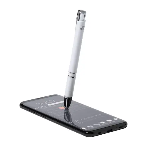 Penna a sfera in plastica antibatterica bianca con punta touch con meccanismo a scatto e refill blu