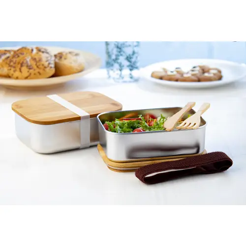 Porta pranzo in acciaio inox e coperchio in bambù con posate abbinate da 600ml