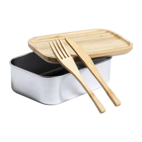 Porta pranzo in acciaio inox e coperchio in bambù con posate abbinate da 600ml