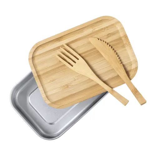 Porta pranzo in acciaio inox e coperchio in bambù con posate abbinate da 600ml
