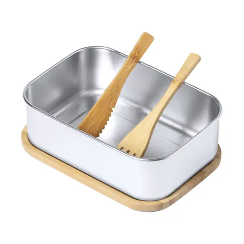 Porta pranzo in acciaio inox e coperchio in bambù con posate abbinate da 600ml
