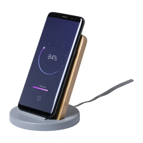 Supporto per smartphone con caricabatterie wireless da 5W in cemento calcareo e bambù