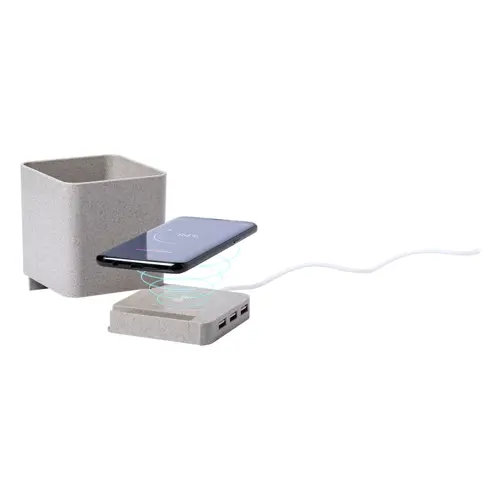 Portapenne in plastica ecologica con porta cellulare, caricabatterie wireless
