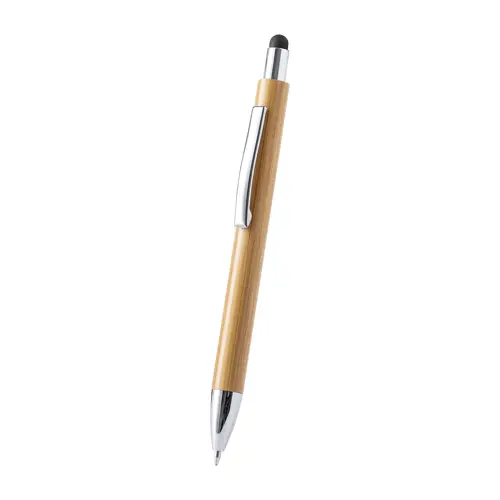 Penna a sfera in bambú con clip e punta in metallo e punta touch con meccanismo a scatto e refill blu