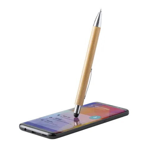 Penna a sfera in bambú con clip e punta in metallo e punta touch con meccanismo a scatto e refill blu