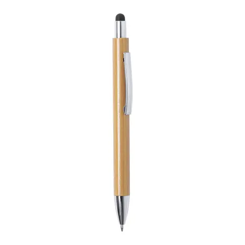 Penna a sfera in bambú con clip e punta in metallo e punta touch con meccanismo a scatto e refill blu