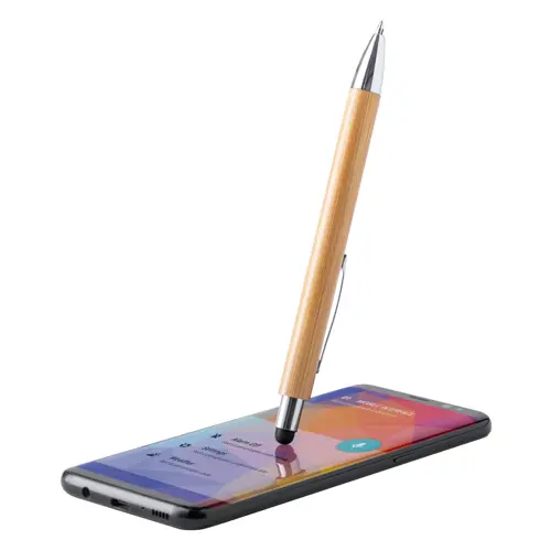 Penna a sfera in bambú con clip e punta in metallo e punta touch con meccanismo a scatto e refill blu