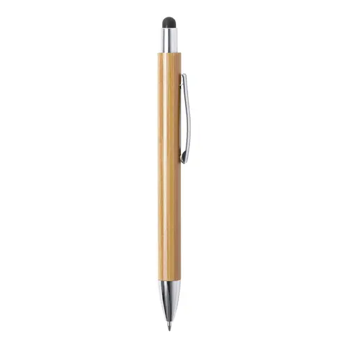 Penna a sfera in bambú con clip e punta in metallo e punta touch con meccanismo a scatto e refill blu