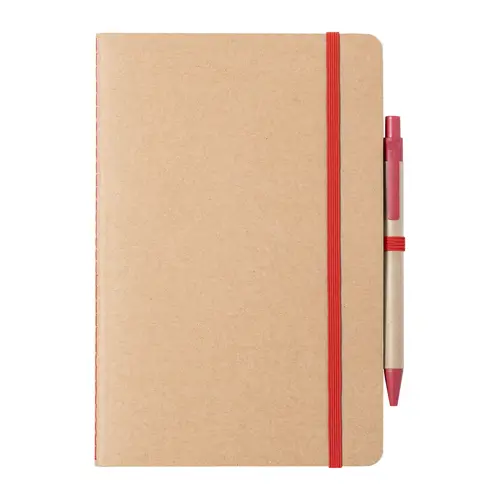 Block notes A5 in cartone riciclato con fogli neutri e penna a sfera refill blu