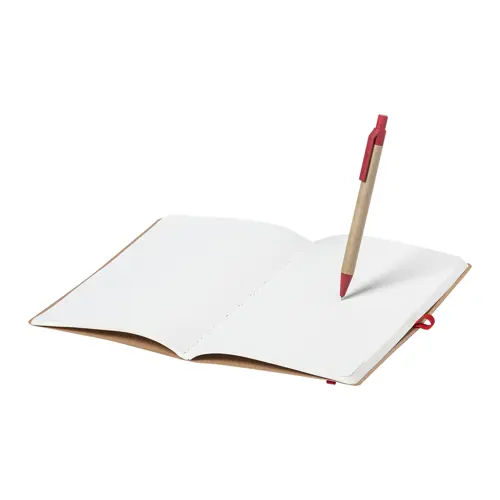 Block notes A5 in cartone riciclato con fogli neutri e penna a sfera refill blu