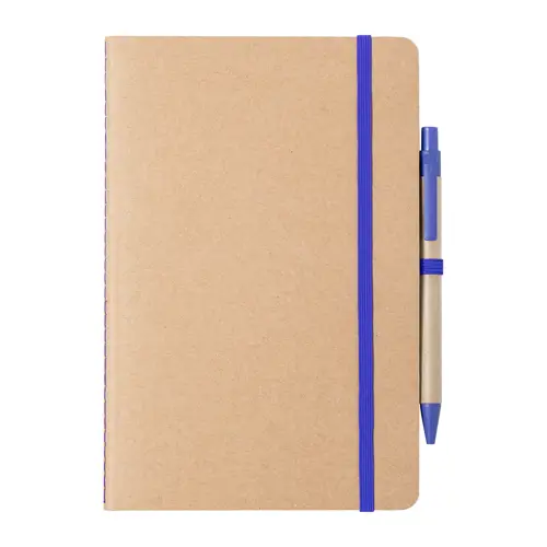 Block notes A5 in cartone riciclato con fogli neutri e penna a sfera refill blu