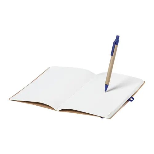 Block notes A5 in cartone riciclato con fogli neutri e penna a sfera refill blu