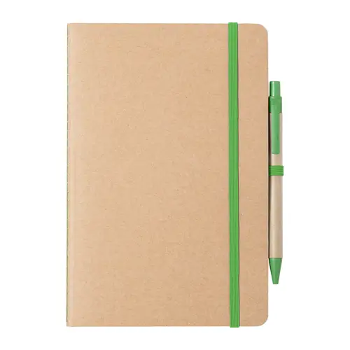 Block notes A5 in cartone riciclato con fogli neutri e penna a sfera refill blu