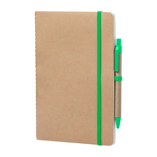 Block notes A5 in cartone riciclato con fogli neutri e penna a sfera refill blu