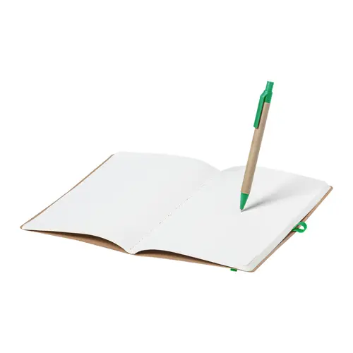 Block notes A5 in cartone riciclato con fogli neutri e penna a sfera refill blu