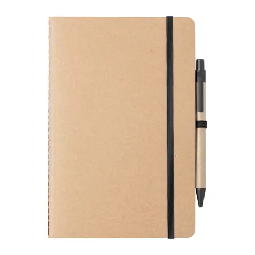 Block notes A5 in cartone riciclato con fogli neutri e penna a sfera refill blu