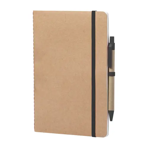 Block notes A5 in cartone riciclato con fogli neutri e penna a sfera refill blu