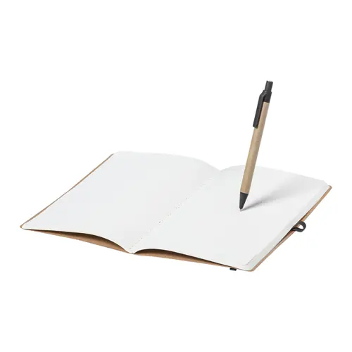 Block notes A5 in cartone riciclato con fogli neutri e penna a sfera refill blu