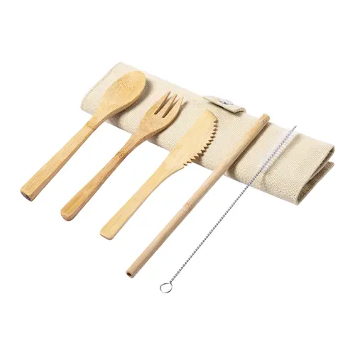 Set di posate e cannuccia in bambù in sacchetto di cotone