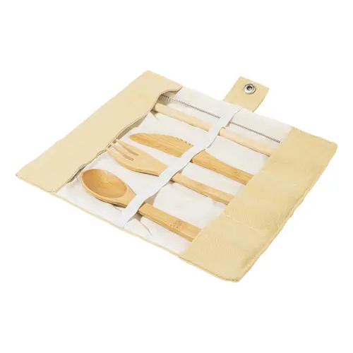 Set di posate e cannuccia in bambù in sacchetto di cotone