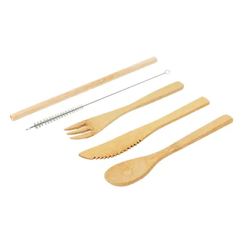 Set di posate e cannuccia in bambù in sacchetto di cotone