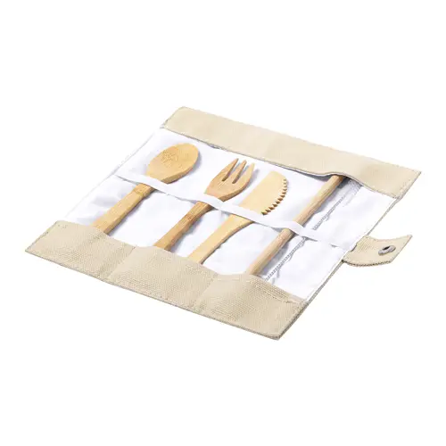 Set di posate e cannuccia in bambù in sacchetto di cotone