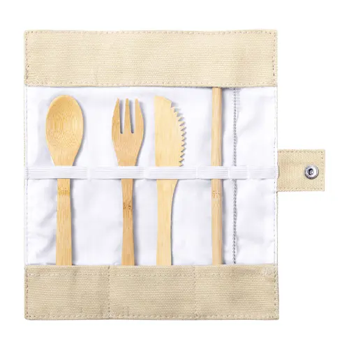 Set di posate e cannuccia in bambù in sacchetto di cotone