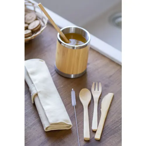 Set di posate e cannuccia in bambù in sacchetto di cotone
