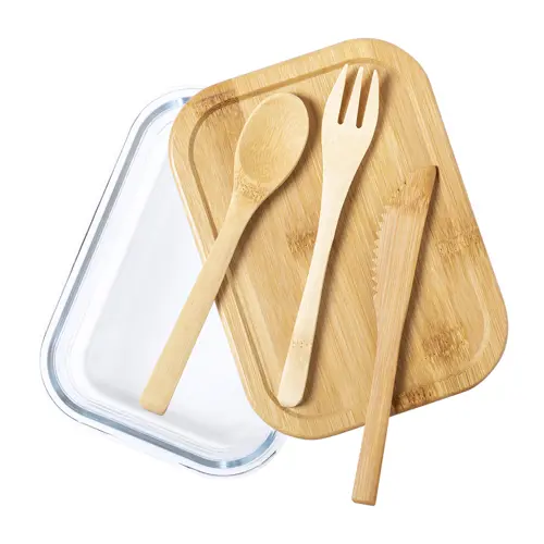 Porta pranzo in vetro e bambù con posate da 500ml