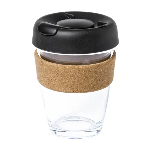 Bicchiere da viaggio in vetro con impugnatura in sughero naturale e coperchio in plastica da 300ml