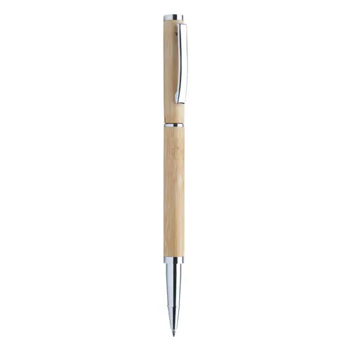 Penna roller in bambù e metallo con cappuccio e refill blu