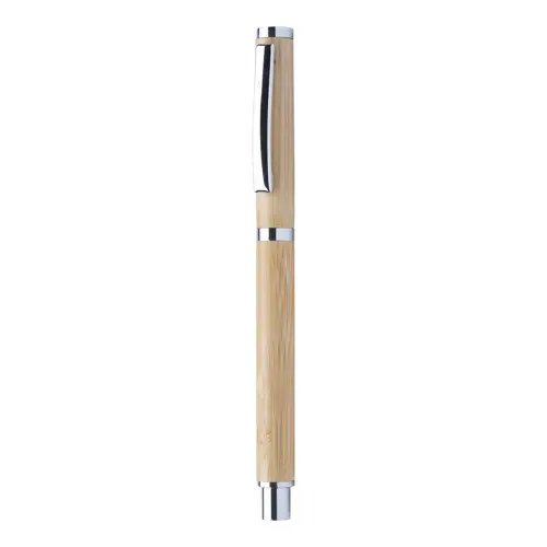 Penna roller in bambù e metallo con cappuccio e refill blu