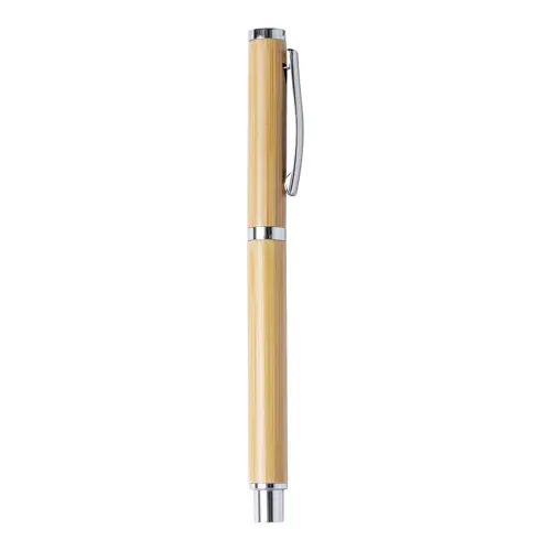 Penna roller in bambù e metallo con cappuccio e refill blu