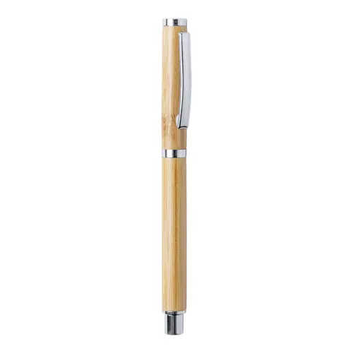 Penna roller in bambù e metallo con cappuccio e refill blu