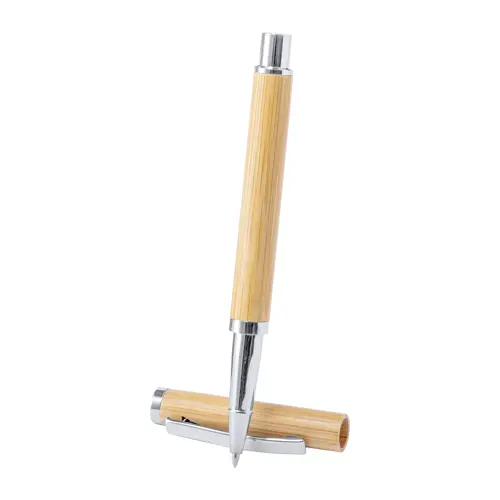 Penna roller in bambù e metallo con cappuccio e refill blu