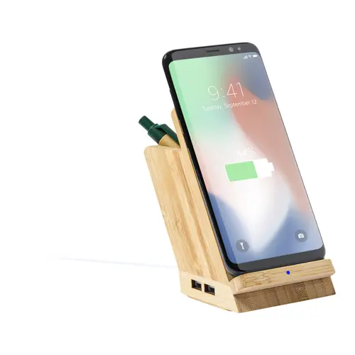 Portapenne in bambù con porta cellulare e caricatore wireless