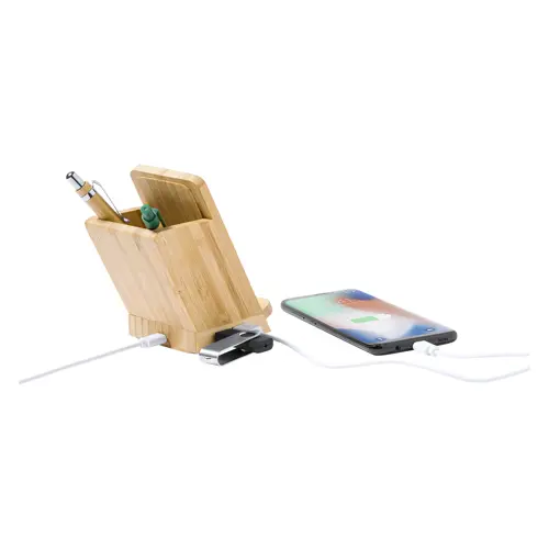 Portapenne in bambù con porta cellulare e caricatore wireless