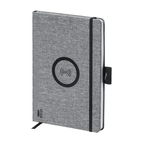 Block notes A5 con copertina in RPET e caricabatterie wireless sul fronte e 80 fogli a righe