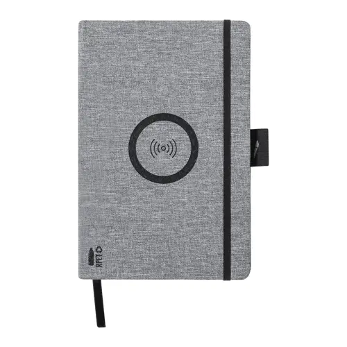 Block notes A5 con copertina in RPET e caricabatterie wireless sul fronte e 80 fogli a righe
