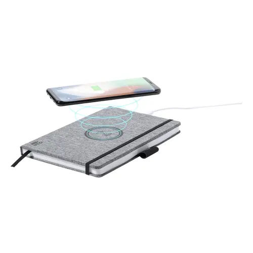Block notes A5 con copertina in RPET e caricabatterie wireless sul fronte e 80 fogli a righe