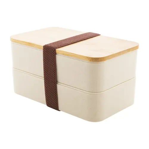 Porta pranzo a 2 scomparti contenitore e posate in plastica e coperchio bambù da 700ml